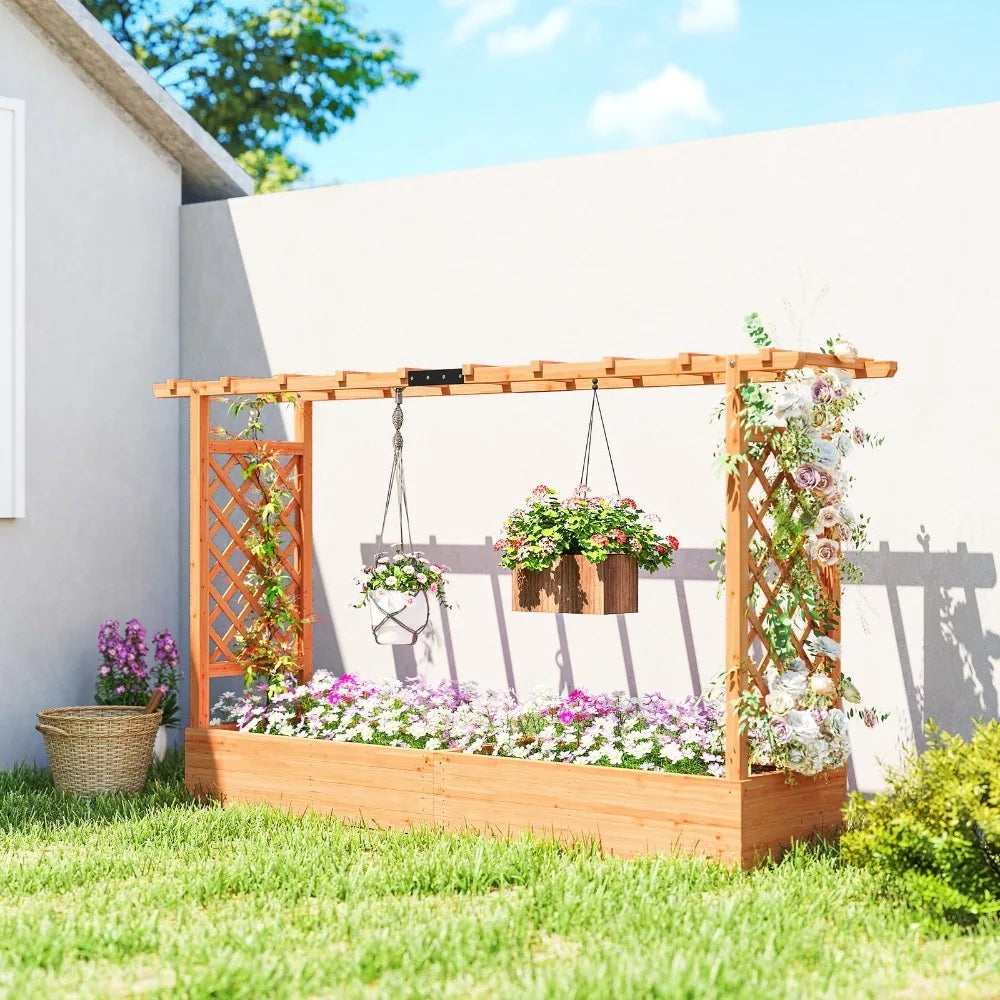 Wooden Planter Box with Trellis, Raised Garden Bed with Hanging Roof