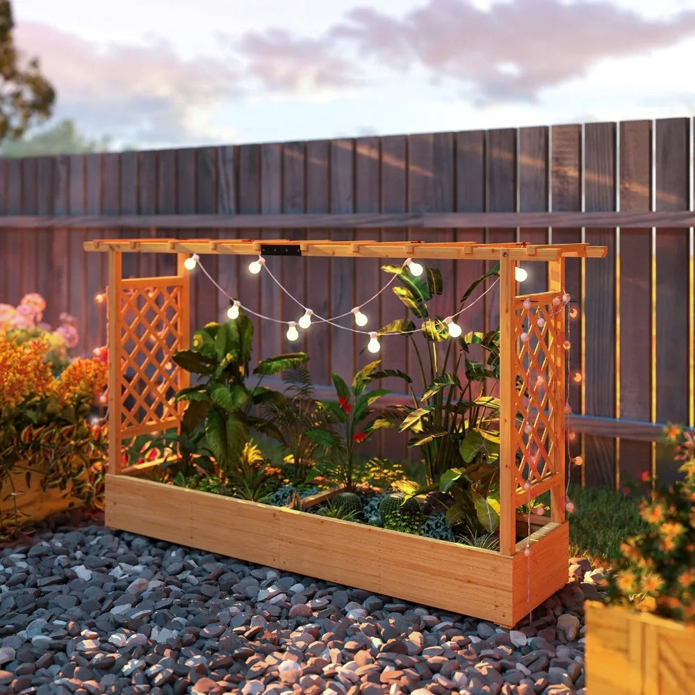 Wooden Planter Box with Trellis, Raised Garden Bed with Hanging Roof