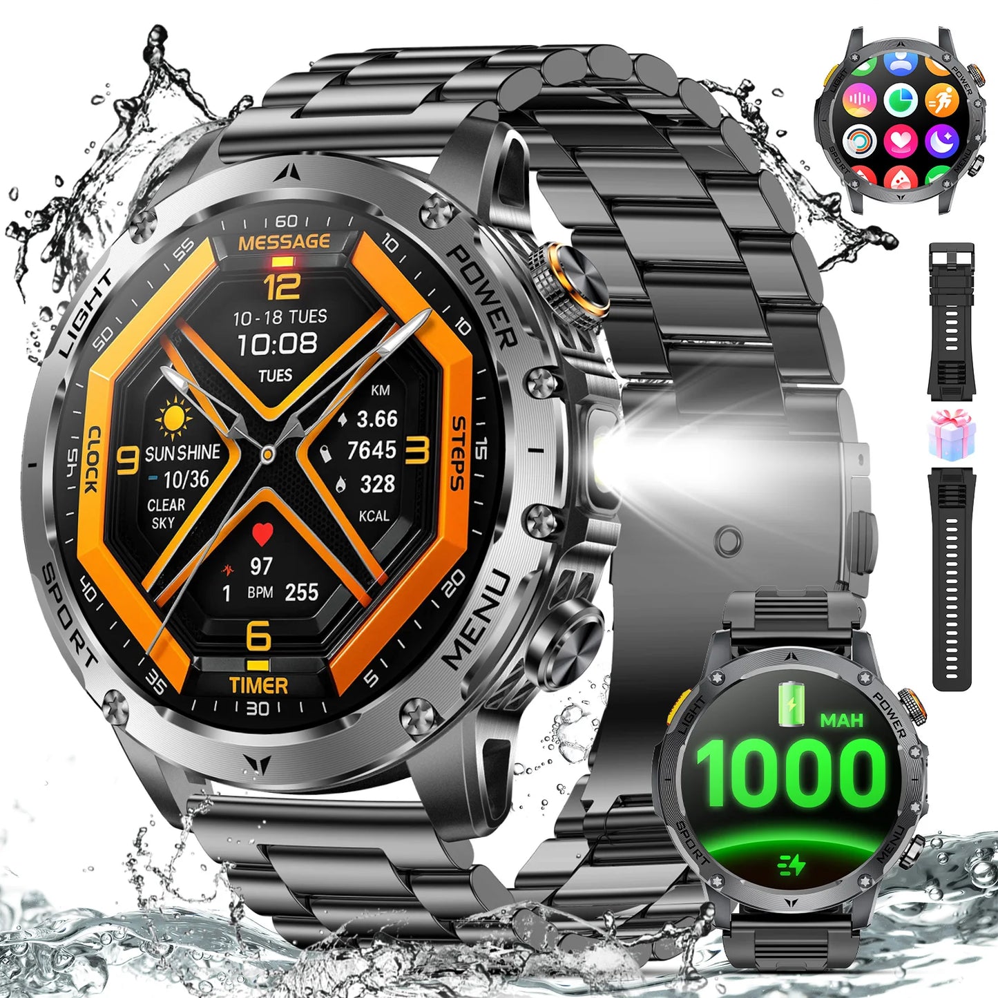 2026 Military Smart Watch Men 1.7" HD Screen 1000mAh 100+ Sport Modes Bluetooth Call Flashlight 24H Health Monitor Waterproof Smartwatch