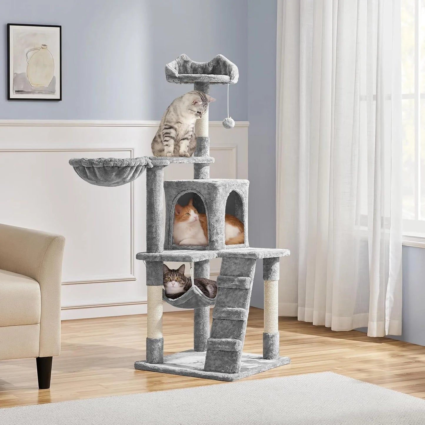 54 inch Cat Tree Tower, Multi-Level Pet House Furniture with Cat-Ear Perch, Funny Tunnel & Hammock, Scrctching Posts,