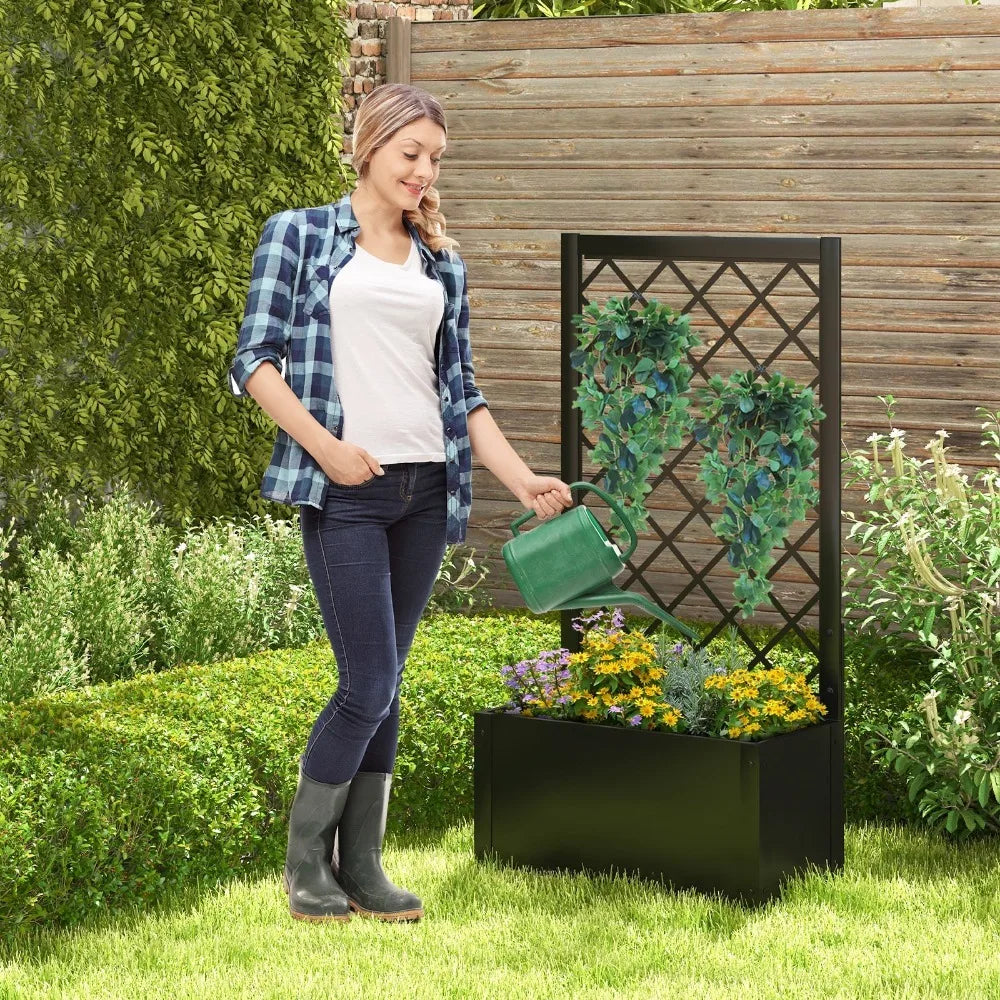 2 PCS Raised Garden Bed with Trellis Metal Planter Box for Climbing Plants