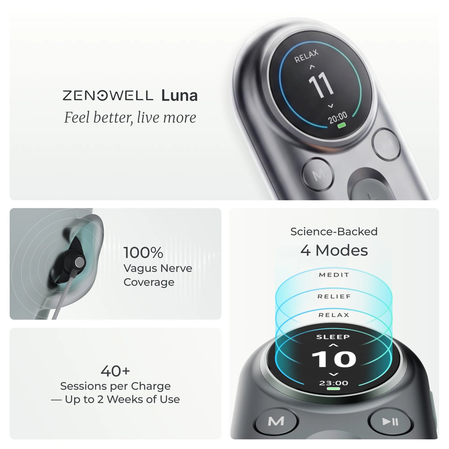 ZenoWell Luna/Vita taVNS Ear Vagus Nerve Stimulator, Non-Drug Sleep Support, Anxiety & Stress Relief, Deep Relaxation