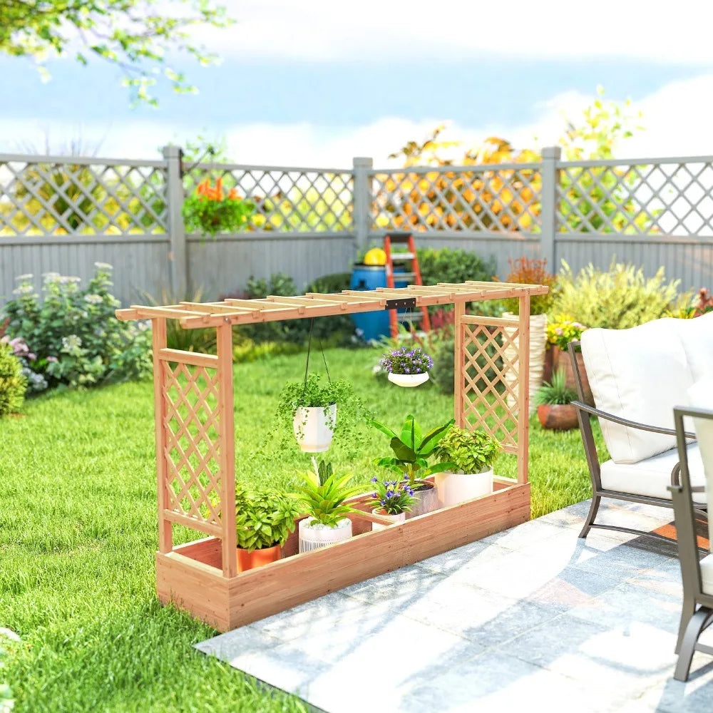 Wooden Planter Box with Trellis, Raised Garden Bed with Hanging Roof