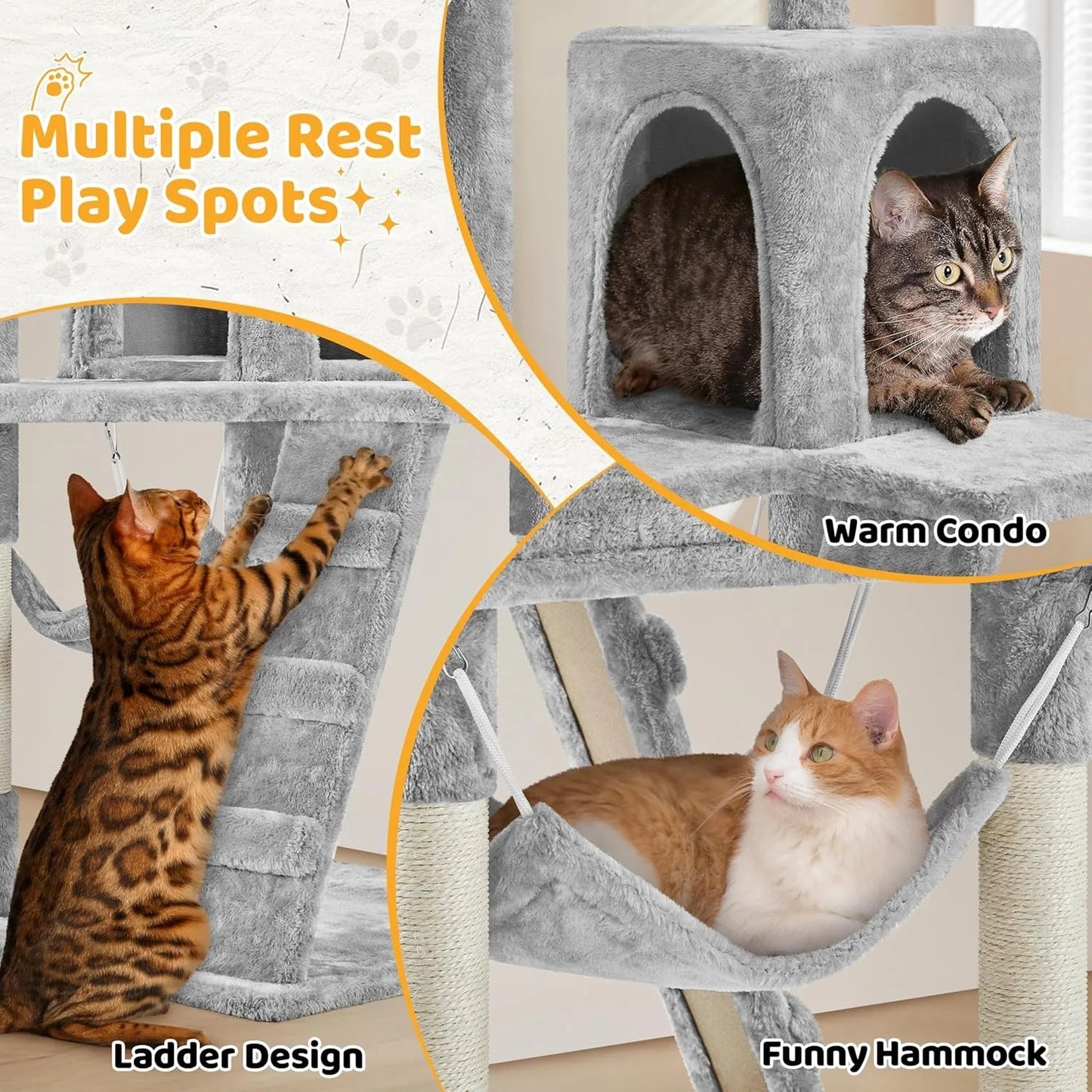 54 inch Cat Tree Tower, Multi-Level Pet House Furniture with Cat-Ear Perch, Funny Tunnel & Hammock, Scrctching Posts,