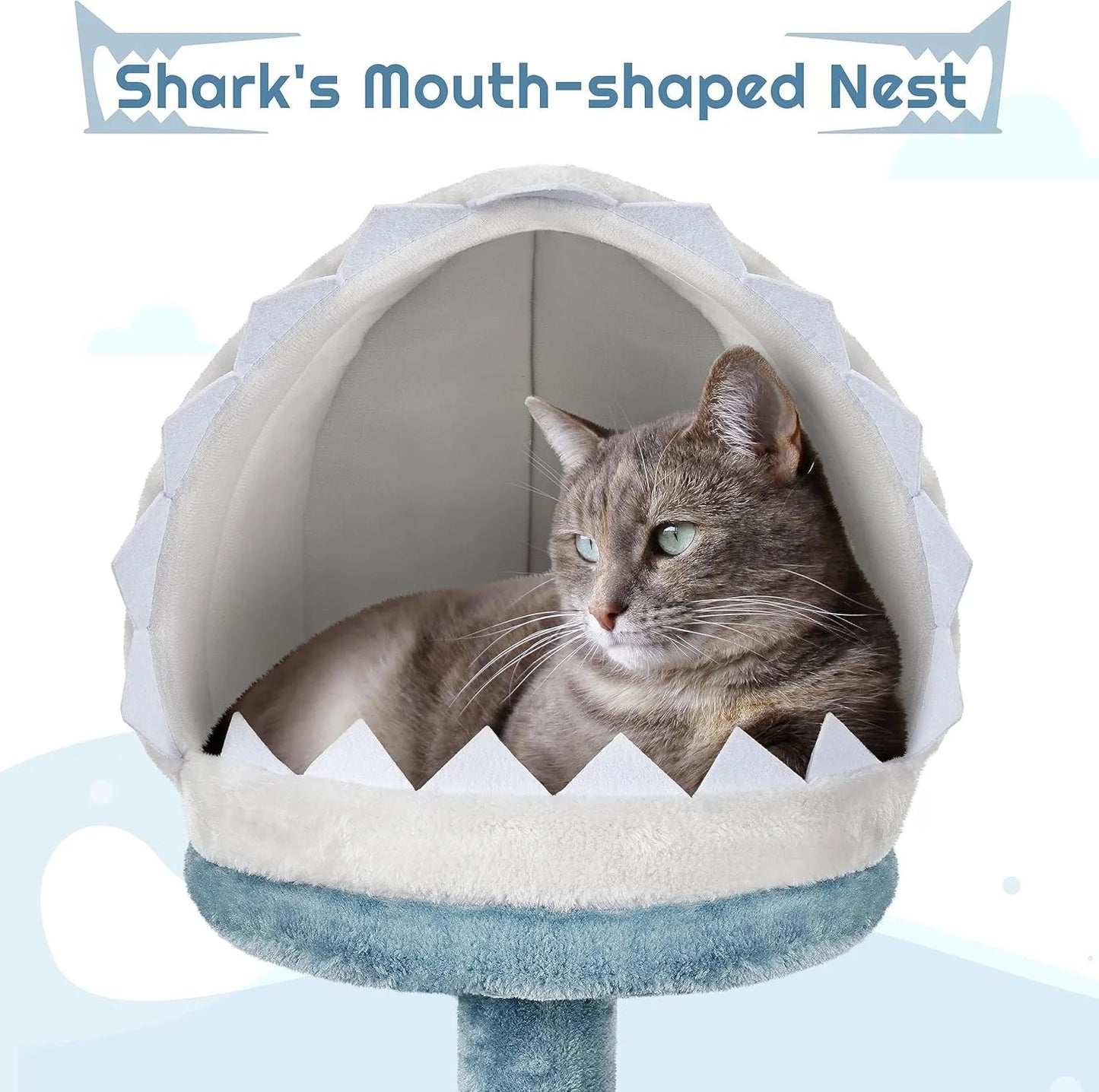 45.5in Ocean-Themed Cat Tree Multi-Level Cat Tower, Plush Pet Furniture with Shark's Mouth-Shaped Nest, Sea Star-Shape