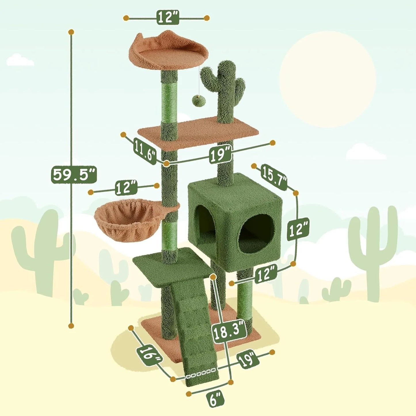 | Cactus Cat Tree | 59.5in Cat Tower w/Cute Perch, Cozy Condo, Convenient Climbing Ladder | Moppy Fabric-Covered Cat H