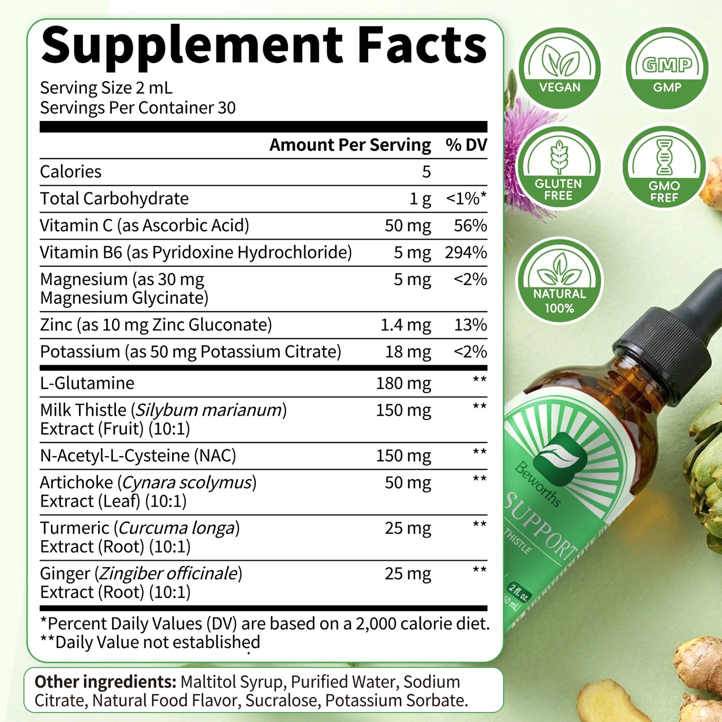 BEWORTHS Liver Health Support Drops with Milk Thistle，NAC and L-Glutamine Relieve Stomach Discomfort Gentle Stomach GMO FREF