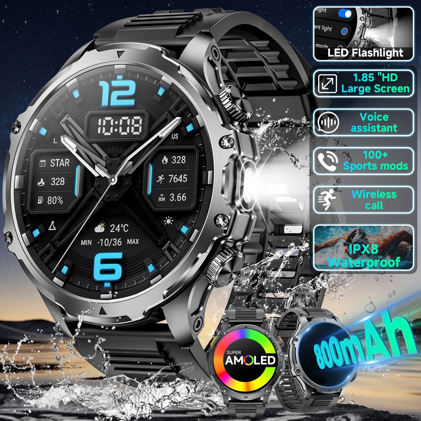 2026 Military Smart Watch Men 1.7" HD Screen 1000mAh 100+ Sport Modes Bluetooth Call Flashlight 24H Health Monitor Waterproof Smartwatch