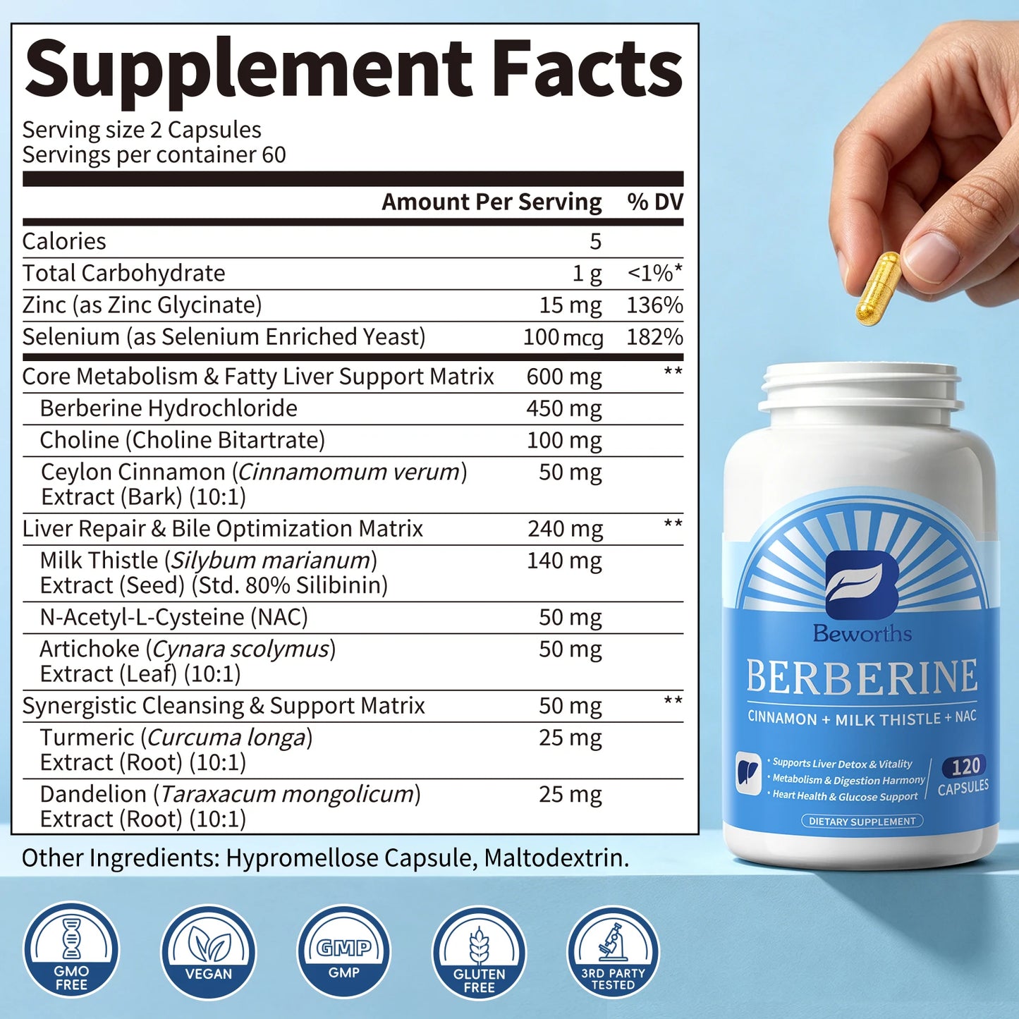 Beworths Berberine Support Liver Deep Detox Liver Repair & Bile Optimization Matrix Liver Health Support Non-GMO,Vegan Friendly