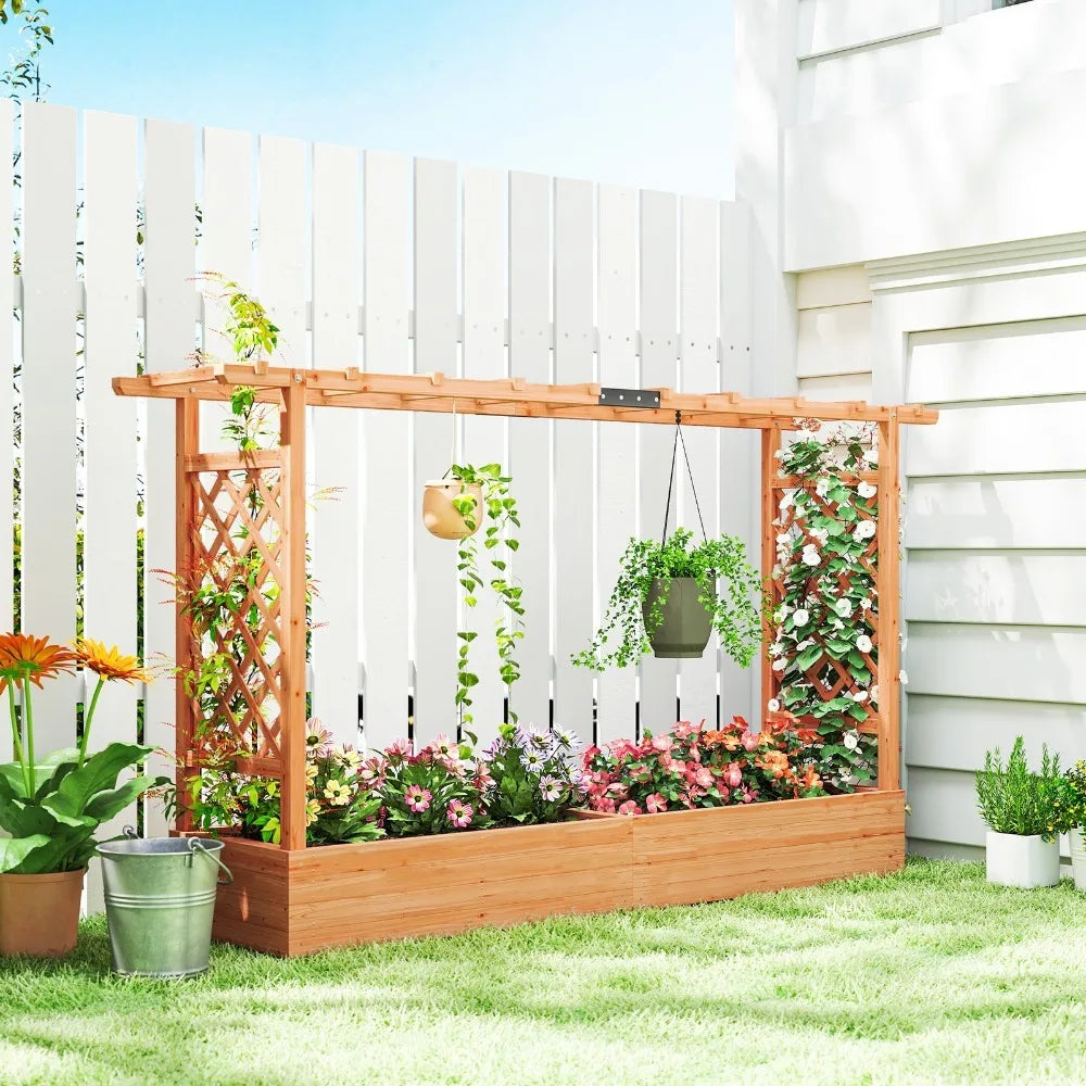 Wooden Planter Box with Trellis, Raised Garden Bed with Hanging Roof