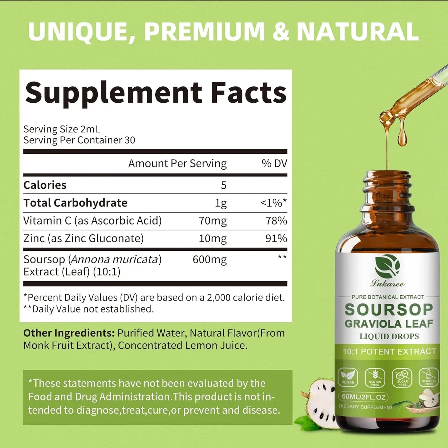 Lukaree Pure Soursop Graviola Leaf Drop with Cold Extractfor Immunity, Gut Health & Natural Energy Support Vegan Gluten-Free