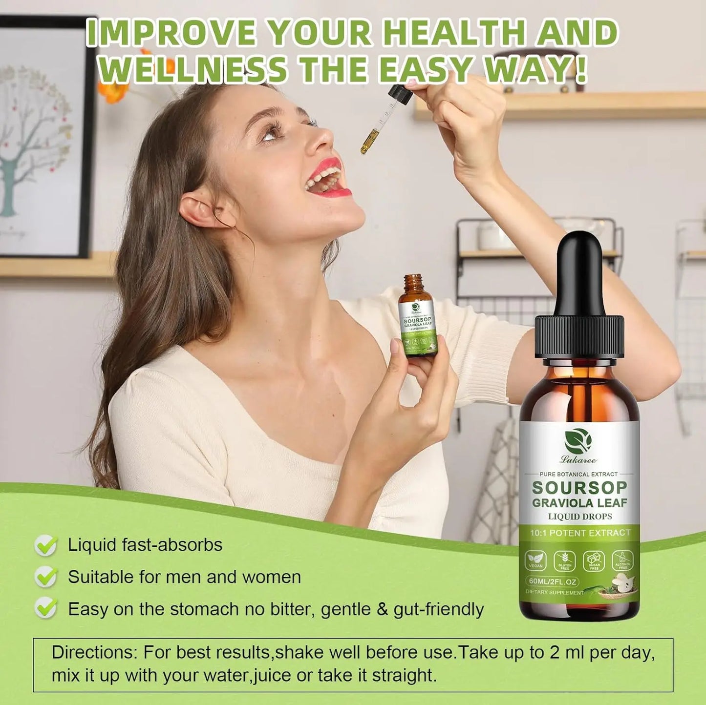 Lukaree Pure Soursop Graviola Leaf Drop with Cold Extractfor Immunity, Gut Health & Natural Energy Support Vegan Gluten-Free