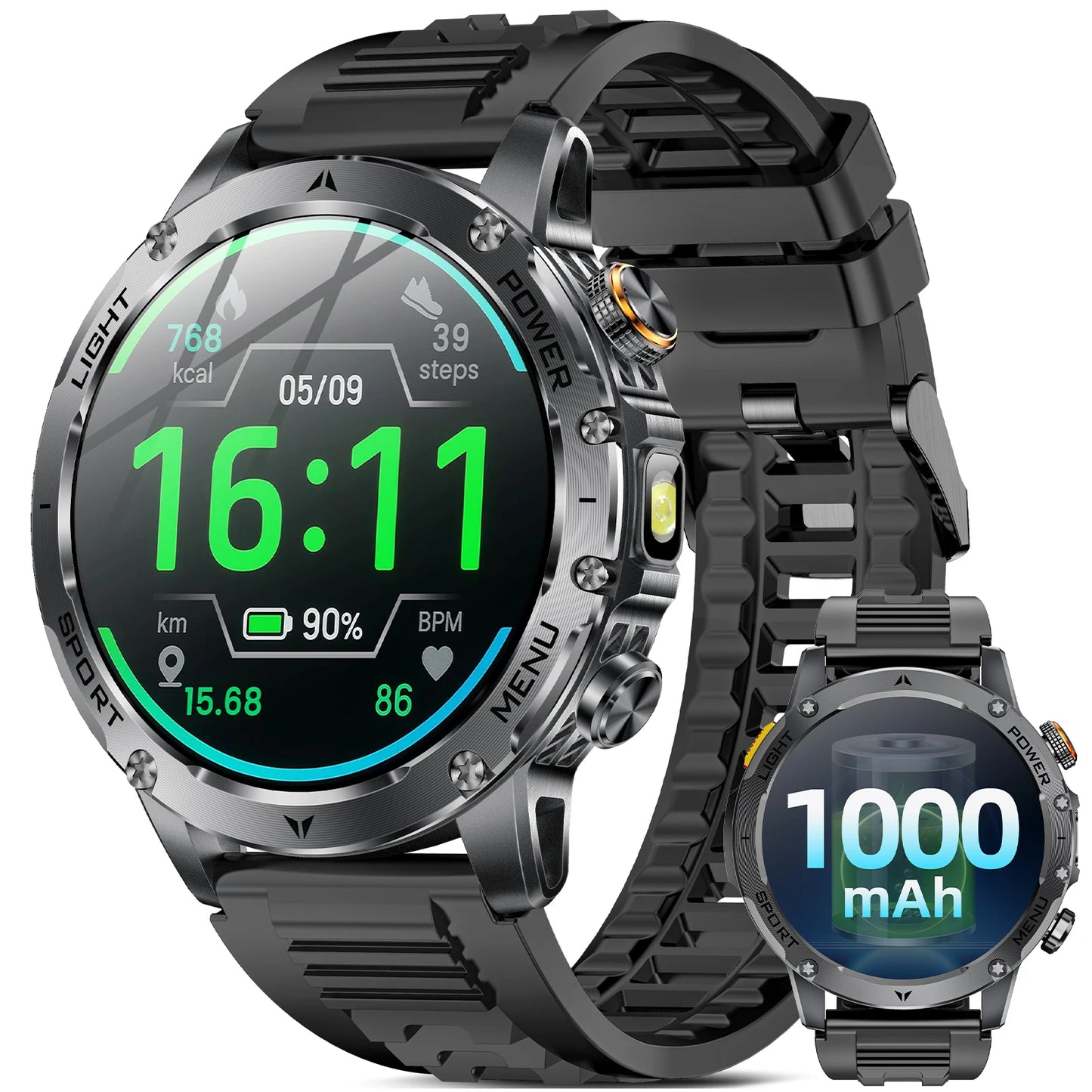 2026 Military Smart Watch Men 1.7" HD Screen 1000mAh 100+ Sport Modes Bluetooth Call Flashlight 24H Health Monitor Waterproof Smartwatch