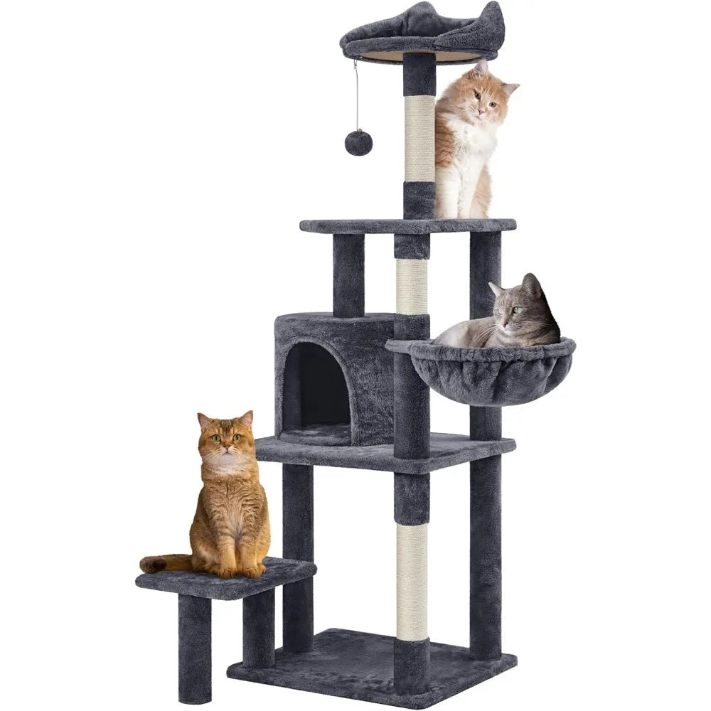 57in Multi-Level Cat Tree Tower with Extended Platform, Padded Perch, Scratching Posts, and Ball