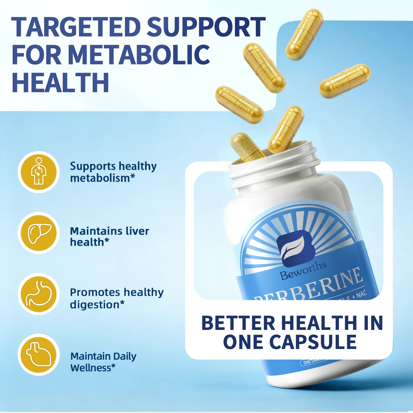 Beworths Berberine Support Liver Deep Detox Liver Repair & Bile Optimization Matrix Liver Health Support Non-GMO,Vegan Friendly