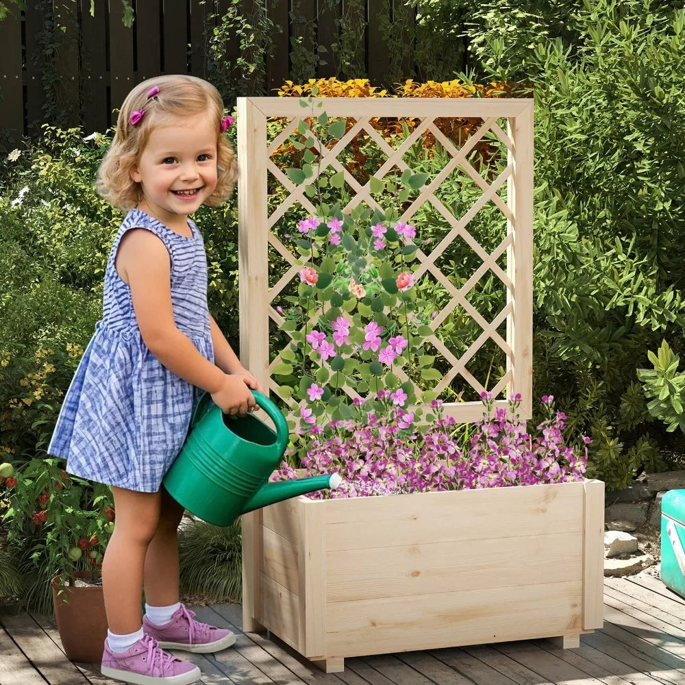 2PCS 40" Tall Wooden Raised Garden Bed w/Lattice Trellis for Climbing Vine