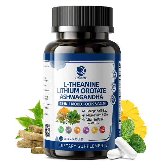 LUKAREE Lithium Orotate 10mg, Ashwagandha 300mg - Mood Focus Memory Brain Supplements with Bacopa Monnieri, Lion’s Mane Vegan