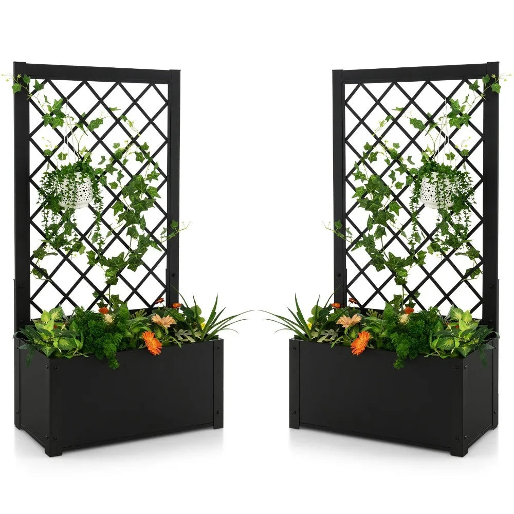 2 PCS Raised Garden Bed with Trellis Metal Planter Box for Climbing Plants