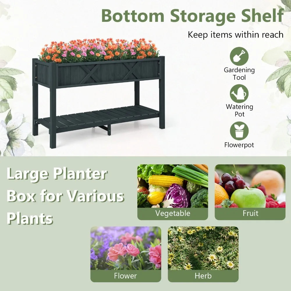 HIPS Raised Garden Bed Poly Wood Elevated Planter Box w/ Legs, Storage Shelf