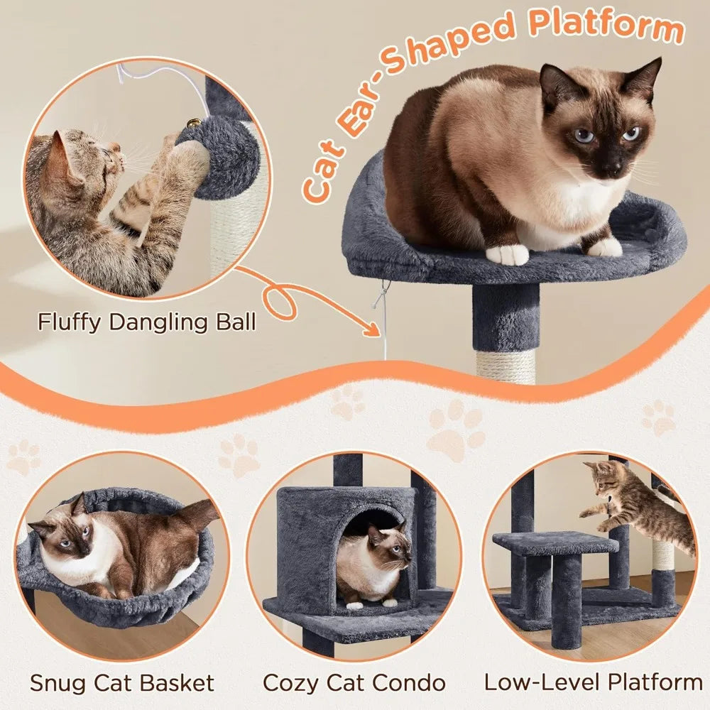 57in Multi-Level Cat Tree Tower with Extended Platform, Padded Perch, Scratching Posts, and Ball