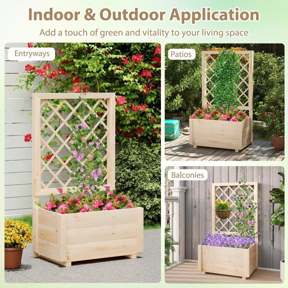 2PCS 40" Tall Wooden Raised Garden Bed w/Lattice Trellis for Climbing Vine
