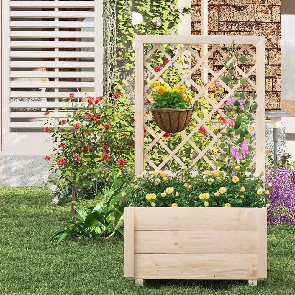 2PCS 40" Tall Wooden Raised Garden Bed w/Lattice Trellis for Climbing Vine