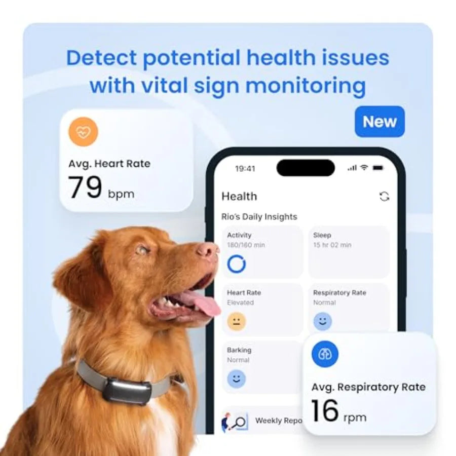 Smart Dog GPS Tracker Live Pet Tracker with Virtual Fence Vital Signs Monitoring Heart Respiratory Rate Bark Monitorin
