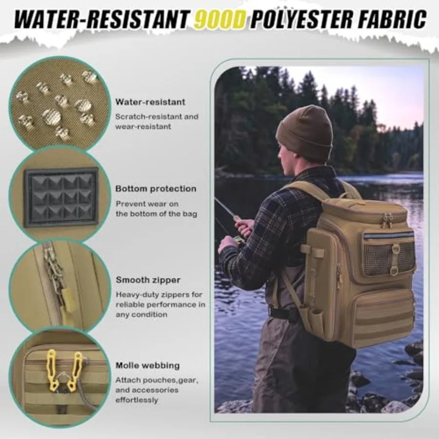 Fishing Backpack 45L with Rod Holders, Water-Resistant Tackle Backpack for Fishermen, Large Capacity Fishing Gear Bag for Trave