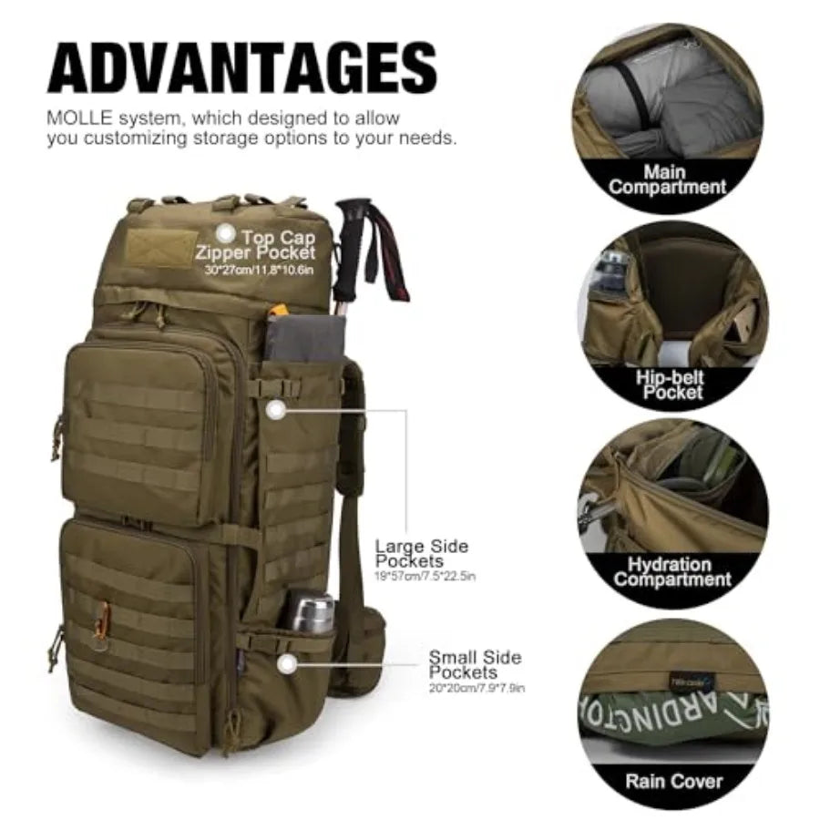 75L Molle Hiking Internal Frame Backpacks with Rain Cover for Camping, Backpacking, Travelling