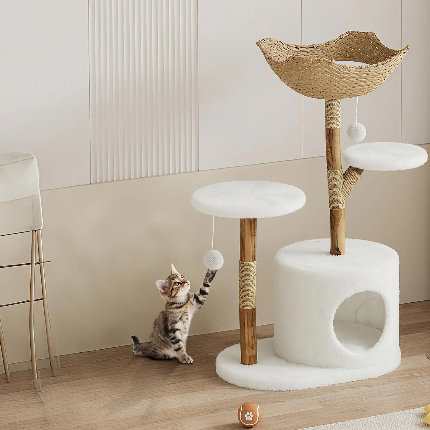 Real Wood Modern Cat Tree Tower With Wicker Condo Scratching Post Bed Boho Luxury Pet Furniture Indoor Cats Space-Saving