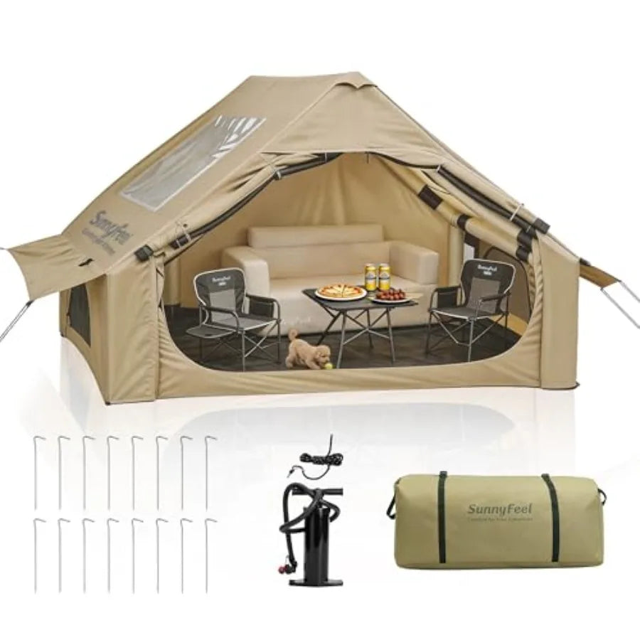 Glamping camping tent for 2-10 persons, heavy-duty waterproof windproof Oxford fabric, beige, quick 5-min setup with pump, pano