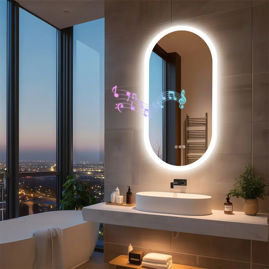 LUVODI Smart Bluetooth Lighted Bathroom Mirror with Dimming Backlit Wall Vanity Anti-Fog Tempered Glass for Sink Dressing