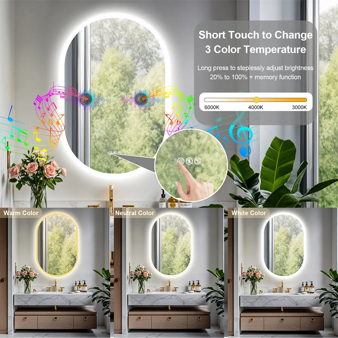 60x90cm Smart Frameless LED Mirror Bathroom, Wall Mounted with Bluetooth Speaker, 3 Color Dimmable Anti-Fog IP44 Waterproof Vanity Mirror for Home
