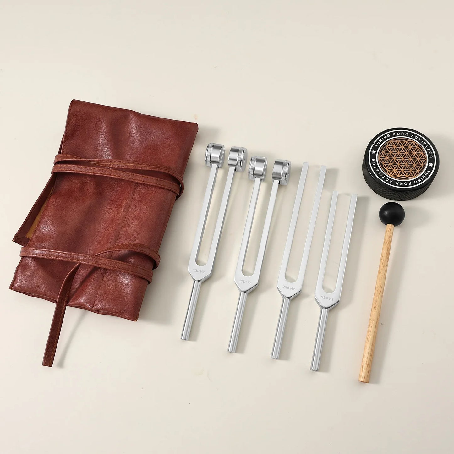 Tuning Forks Set, Includes 128Hz, 136Hz, 256Hz, 384Hz & Activator, Portable in Red Leather Pouch, Grade Sound Instruments for Chakra, Yoga