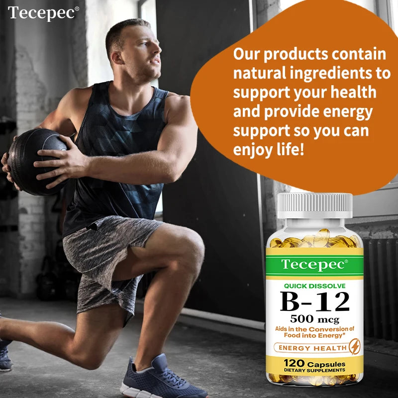 Vitamin B12 Capsules 500mcg - Support Energy, Brain, Heart, Immune Health, Mood, Metabolism & Neurosystem, Vegan, 120 Capsules