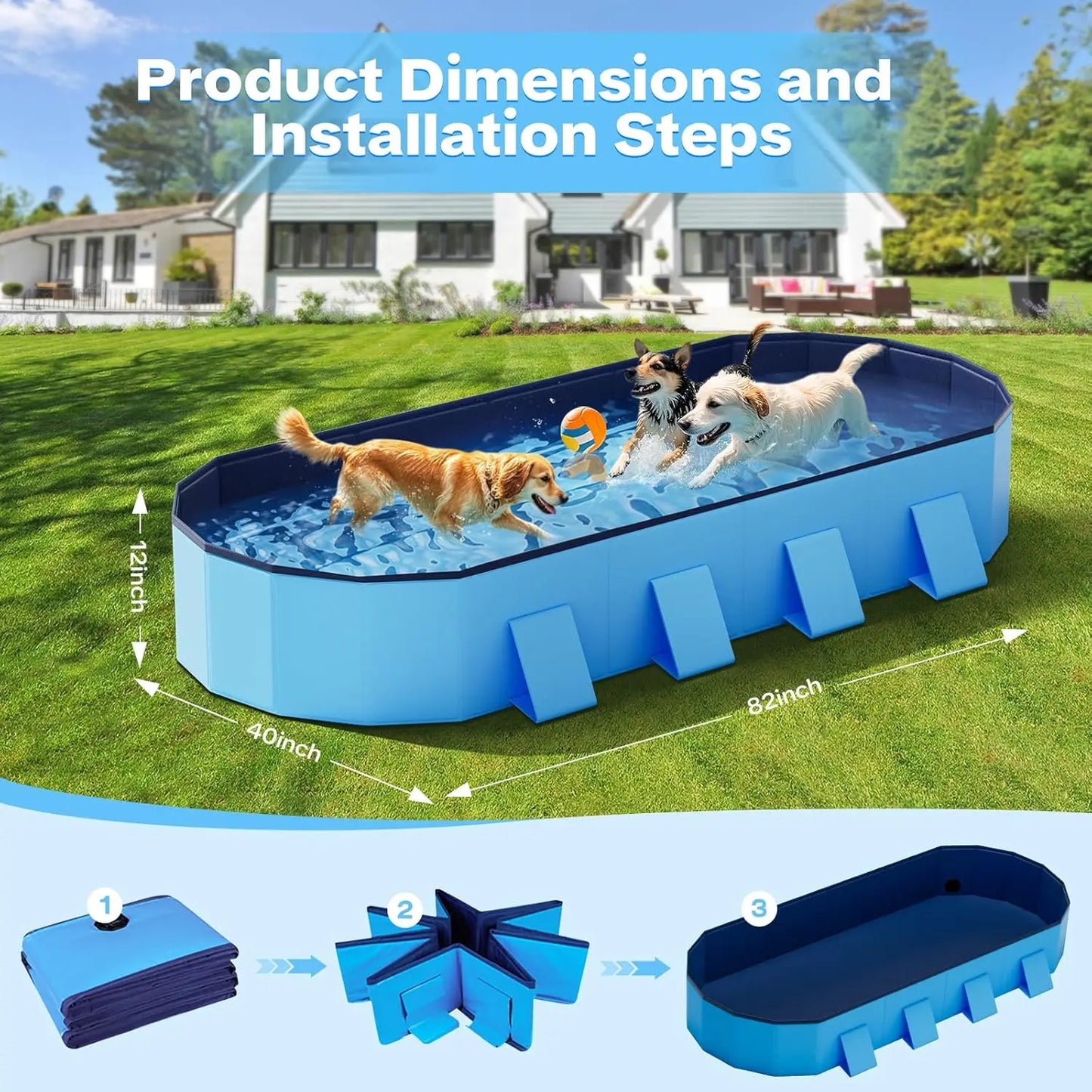 Foldable Dog Pool, 82'' Extra Large for Large Dogs with Non-Slip & Reinforced Support, Portable Pet Bath Tub for Outdoor Use