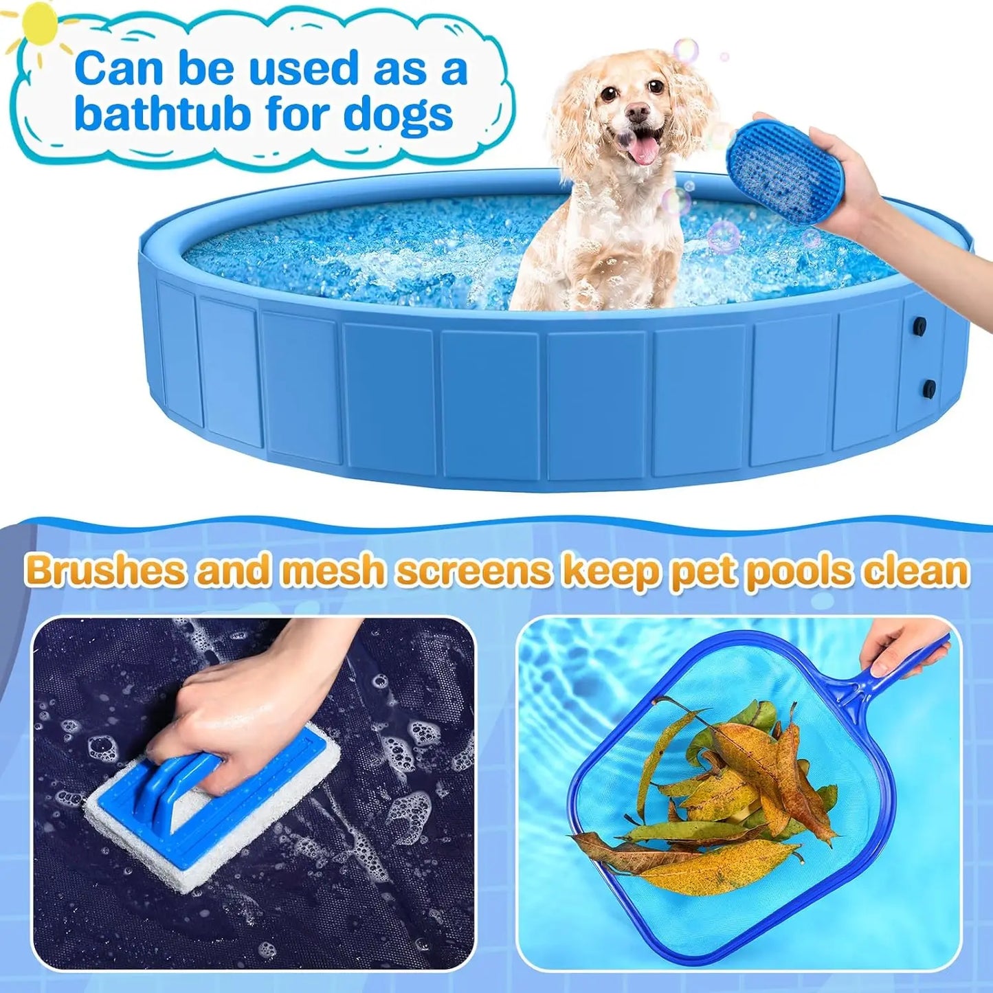 71in Foldable Dog Pool with Cover, Heavy Duty Splash Pad for Large Dogs, Outdoor Summer Water Fun