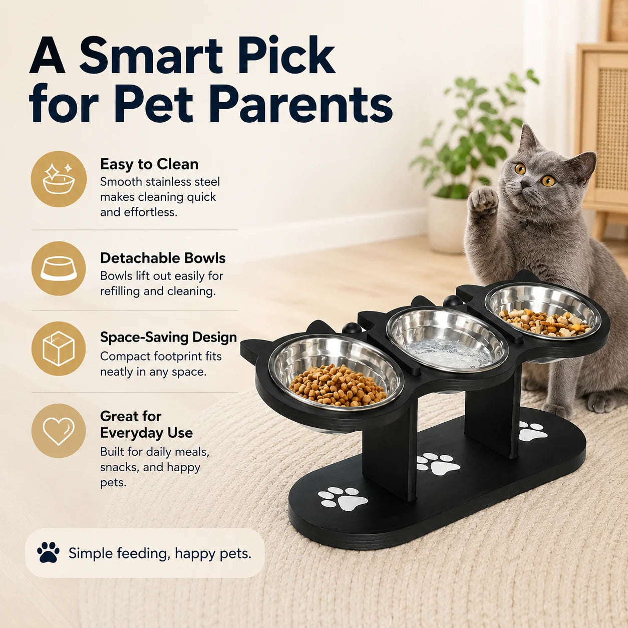 15° Tilted Elevated Cat Bowl Stand with 3 Stainless Steel Bowls for Cats, Puppies and Small Pets, Detachable, Easy to Clean