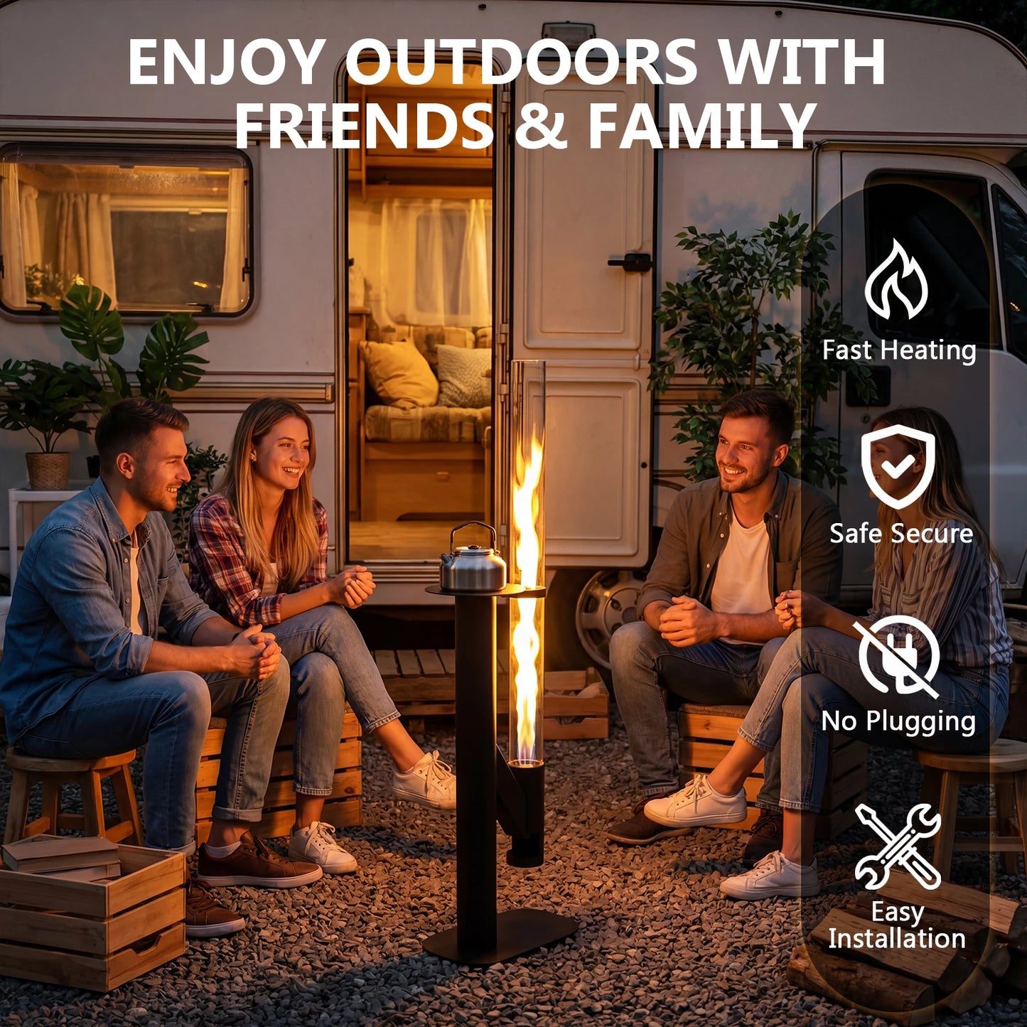 50.79in Ornamental Pellet Flame with Glass Tube Portable Wood Pellet Fire Pit with Table for Porch Party RV Tailgating Camping