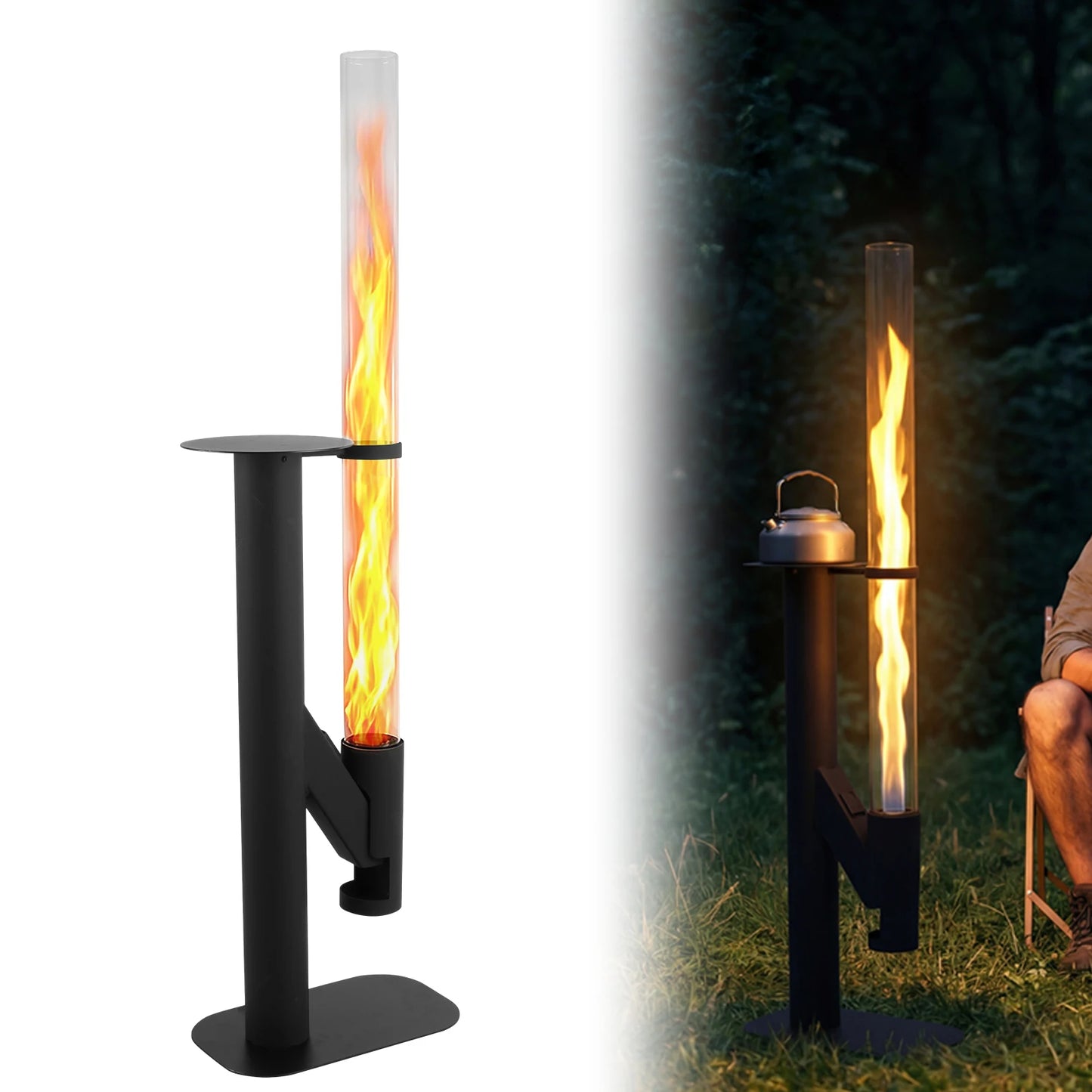 50.79in Ornamental Pellet Flame with Glass Tube Portable Wood Pellet Fire Pit with Table for Porch Party RV Tailgating Camping