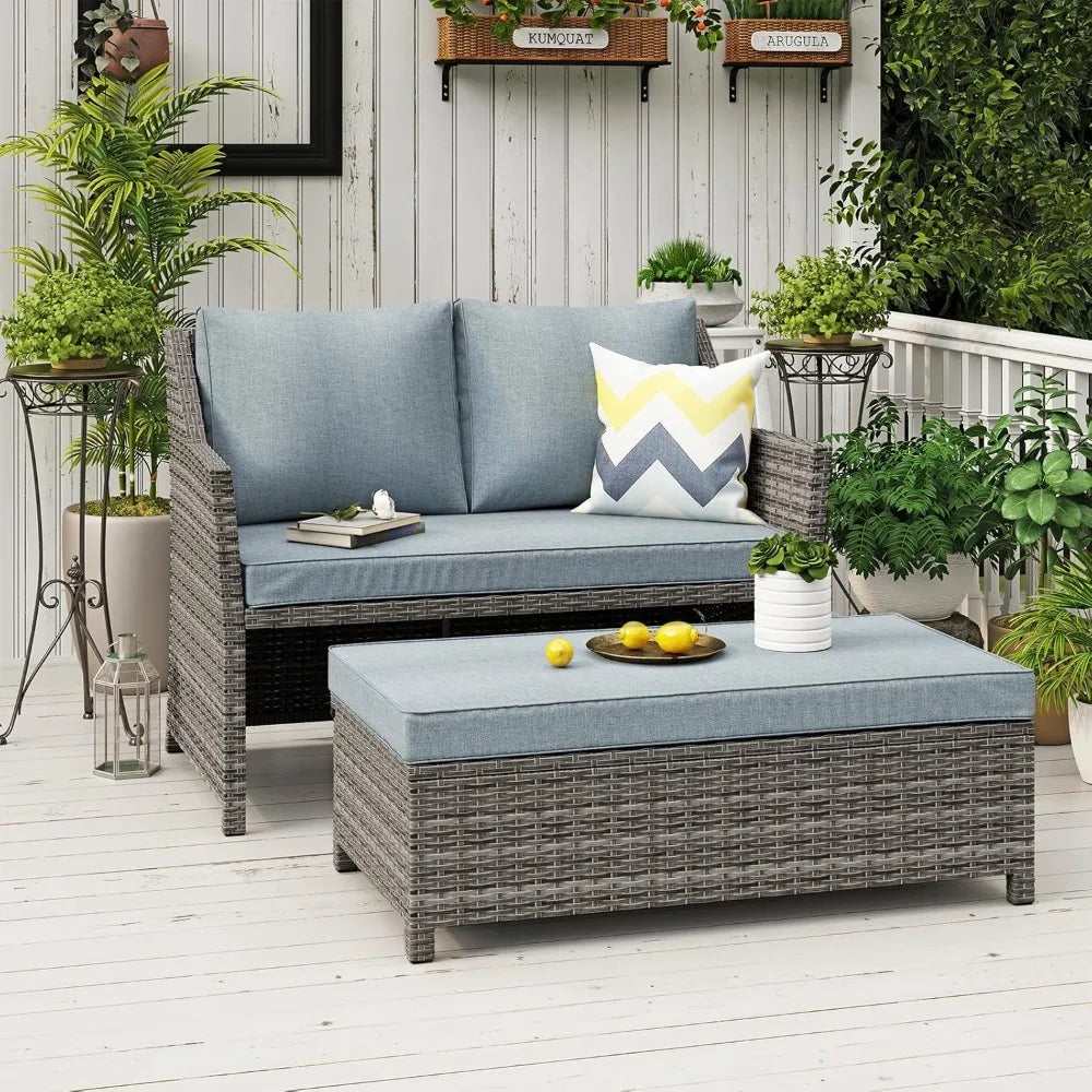 2-Piece Outdoor Patio Furniture Wicker Love-seat and Coffee Table Set, with Built-in Storage Bin, Grey Rattan, Grey, Customized