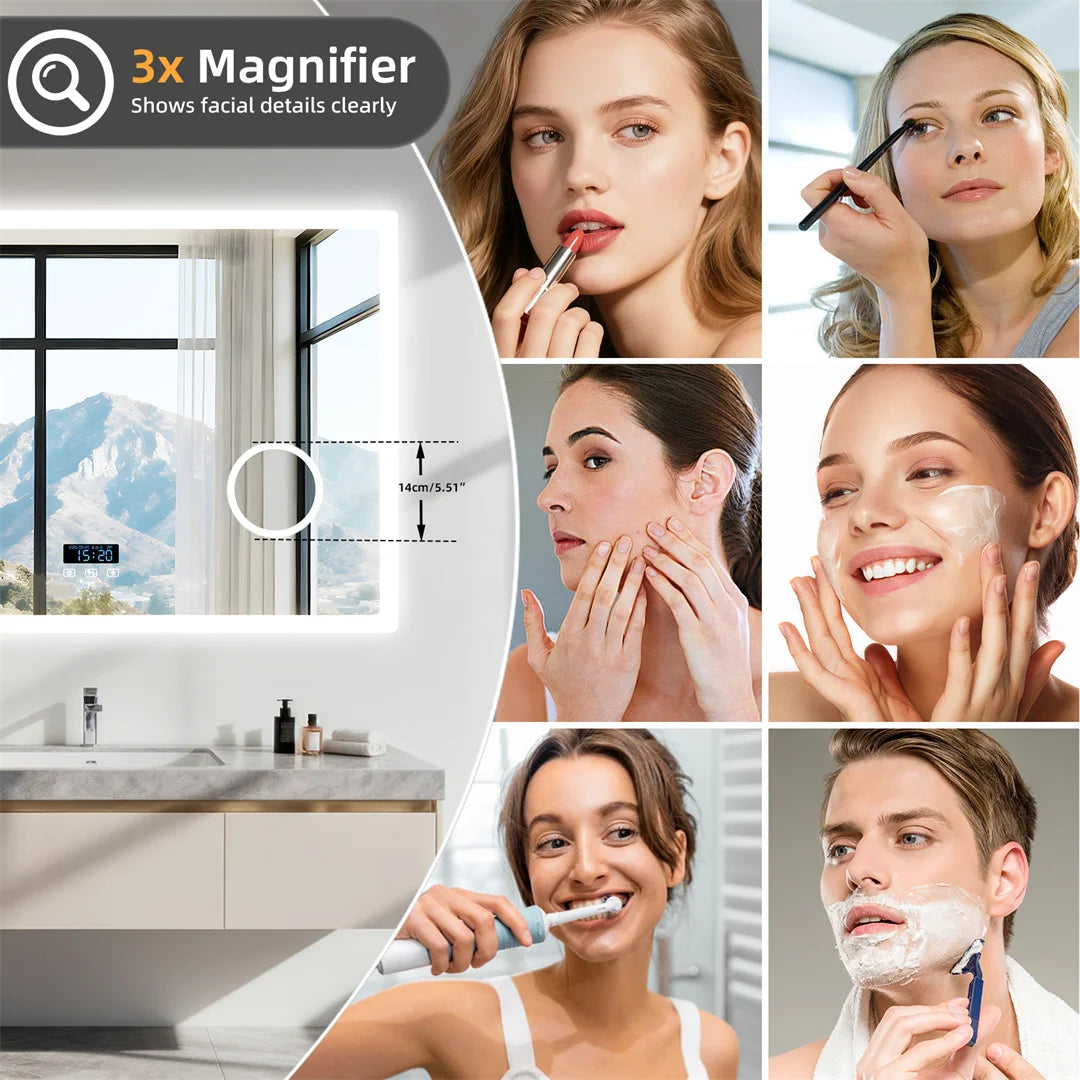 Bluetooth LED Bathroom Mirror 120x70cm Rectangle 3X Magnifying Tempered Glass Makeup Dressing Mirror with Time Display