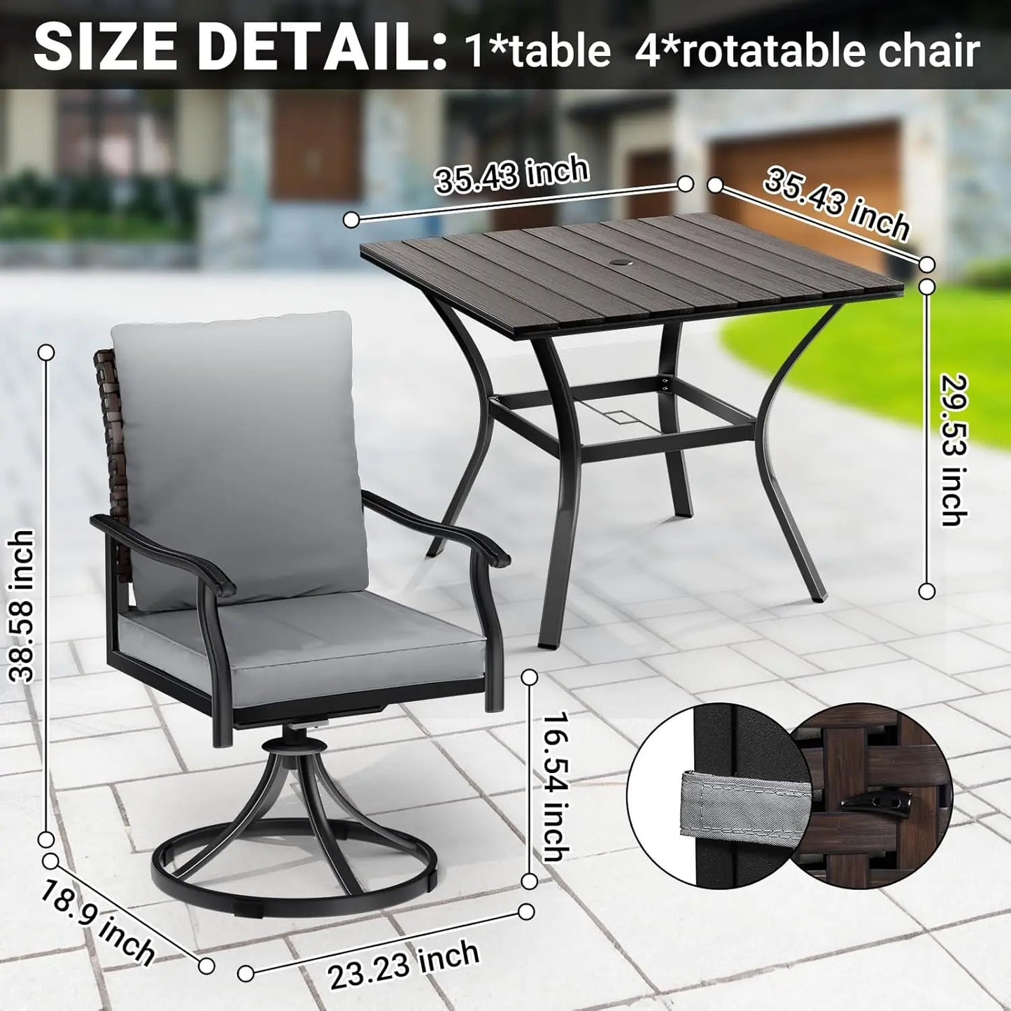 5 Piece Outdoor Patio Dining Set with 4 Swivel Dining Chairs & 1 Large Round Dining Table,Bistro Furniture Set for, Customized