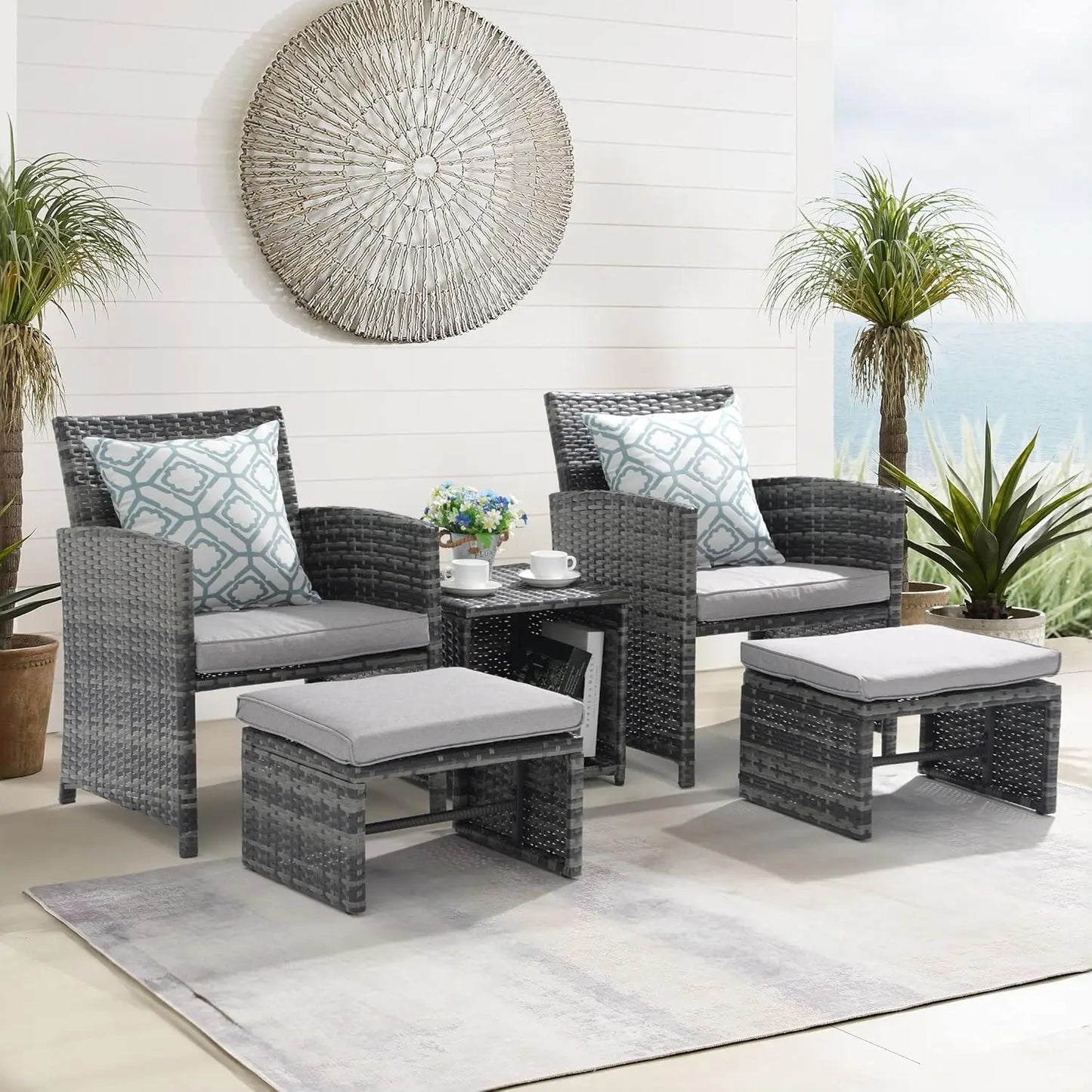 5 Piece Patio Furniture Set, Wicker Outdoor Conversation Chair and Ottoman Set with Coffee Table, Pillows Included,, Customized