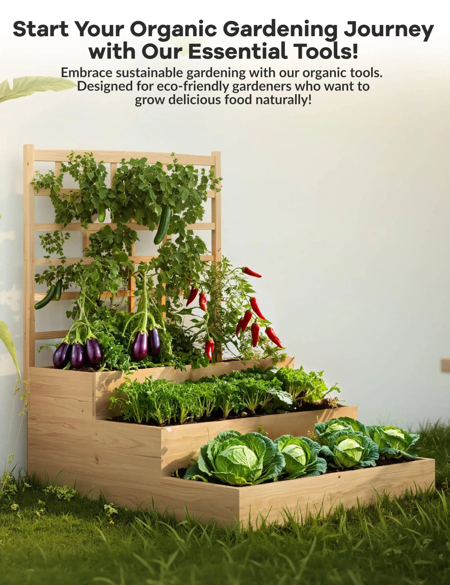 3-Tier Elevated Garden Bed with Trellis - Wooden Vertical Planter Box for Vegetables, Flowers, Herbs & Climbing Plants - Outdoor