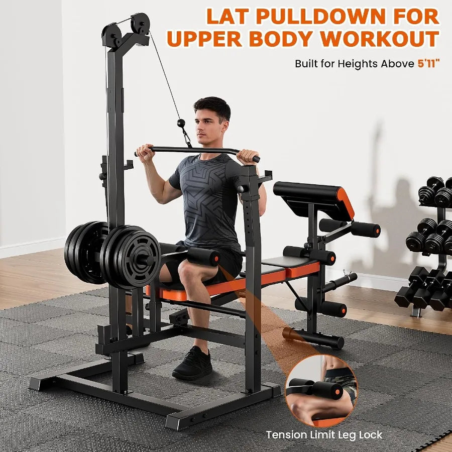Home gym strength training bench: 9-in-1 adjustable weight bench with lat pulldown, row, squat rack & Leg Curl