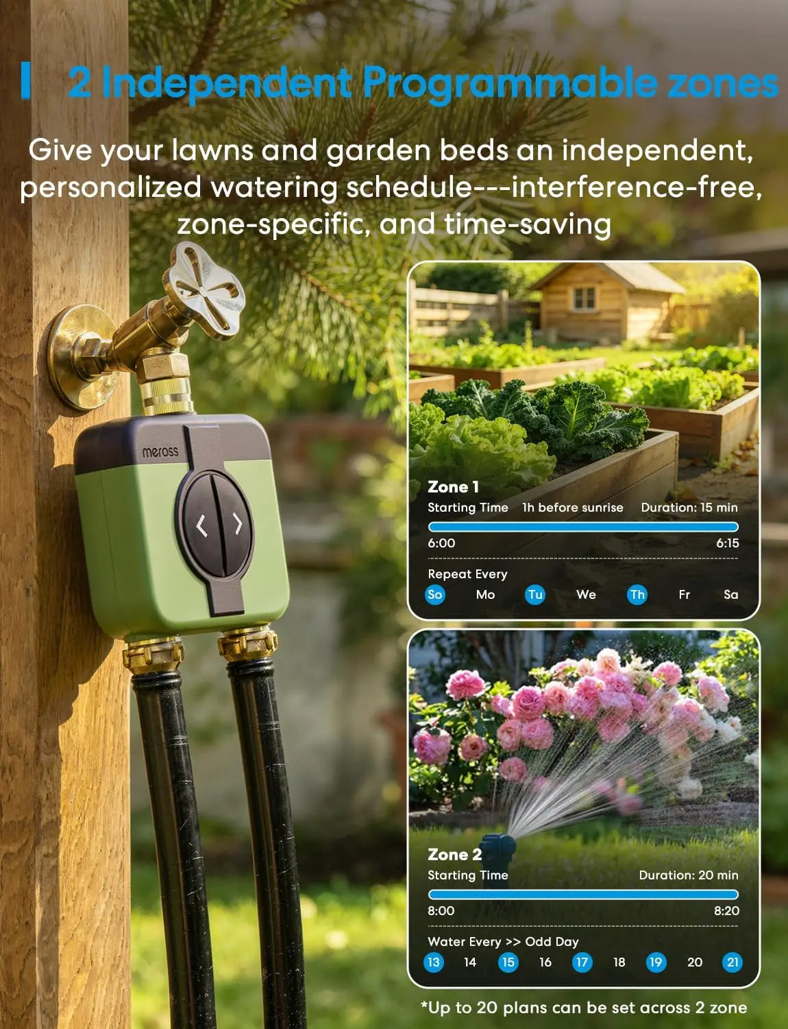 2 Zone WiFi Hose Timer with Brass Inlet & Outlet, Smart Sprinkler Controller, Remote & Voice Control, Weather-Based Rain Delay