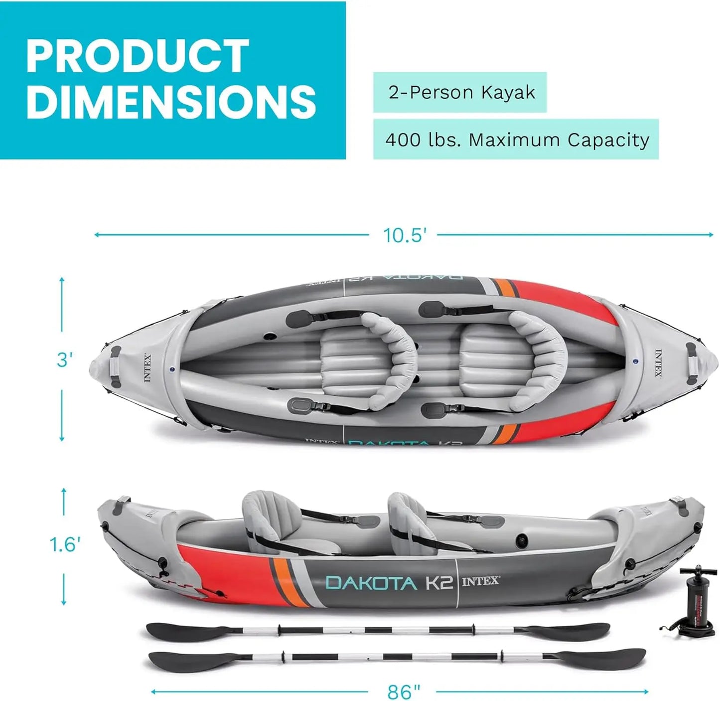 2-Person Inflatable Kayak Set, 10.25ft, 400lb Capacity with Oars & Pump