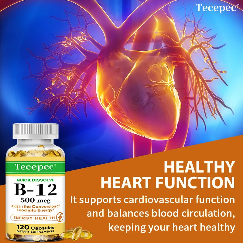 Vitamin B12 Capsules 500mcg - Support Energy, Brain, Heart, Immune Health, Mood, Metabolism & Neurosystem, Vegan, 120 Capsules