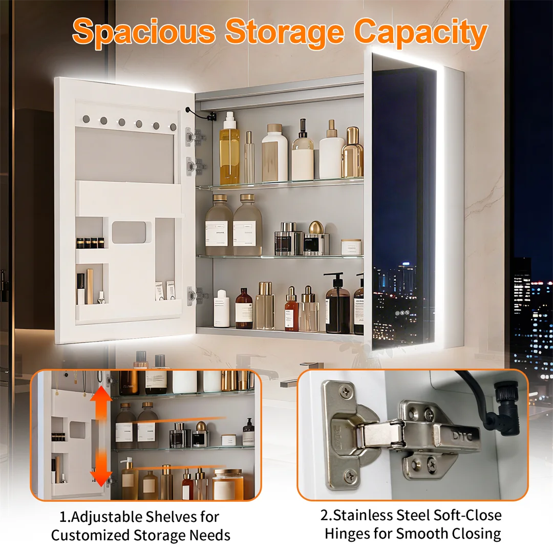 LUVODI Double Door LED Bluetooth Bathroom Mirror Cabinet,Lighted Vanity Cabinet 80x70cm,Adjustable Glass Shelves